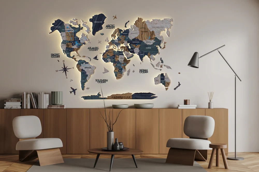 Wall with wooden world map after
