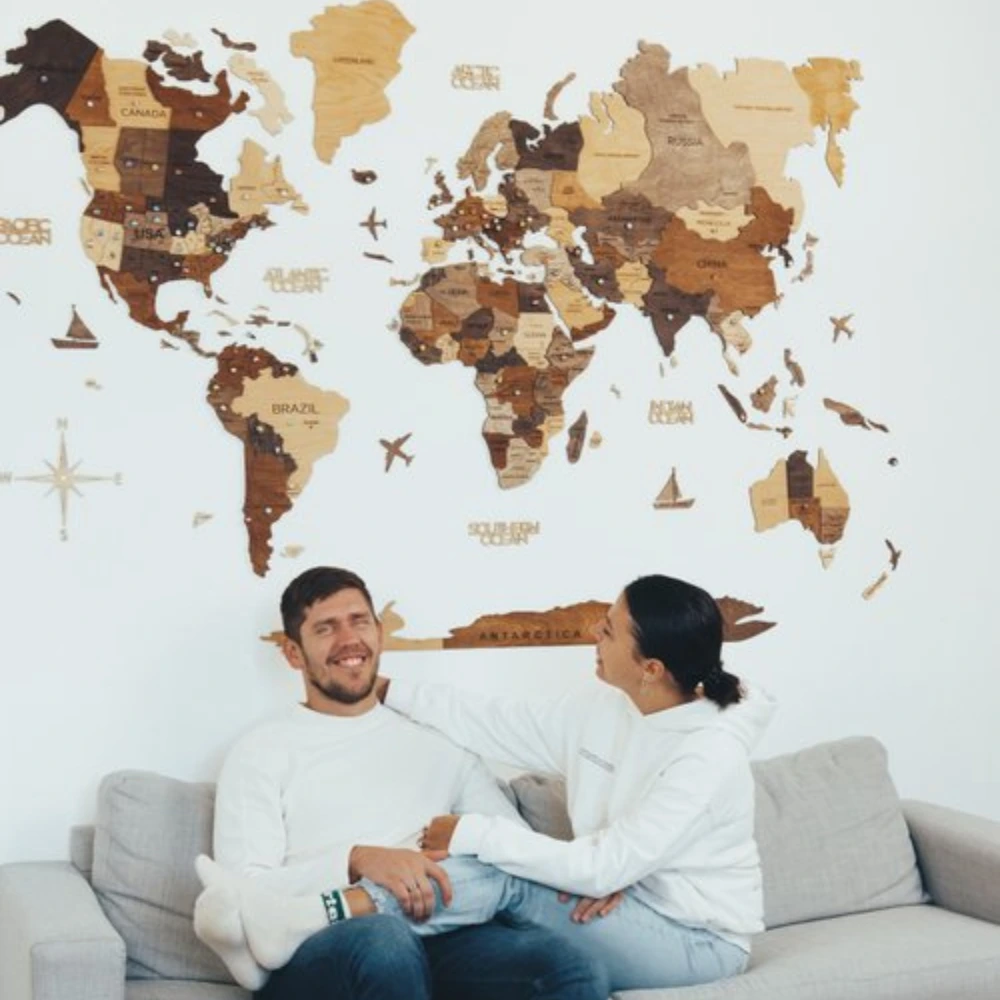 Anniversary wooden map gift on wall