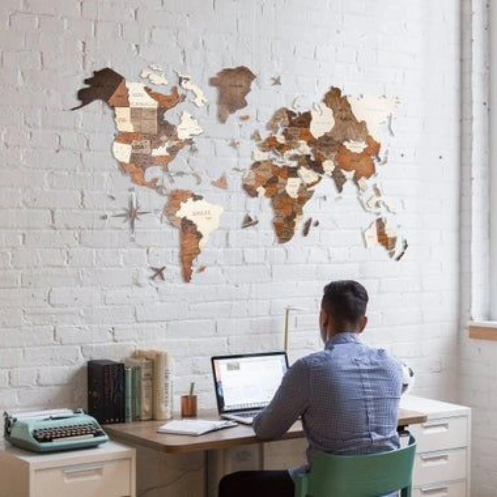 Travel planning wooden map on wall