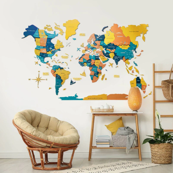 Colored 3D wooden world map in multicolor layers