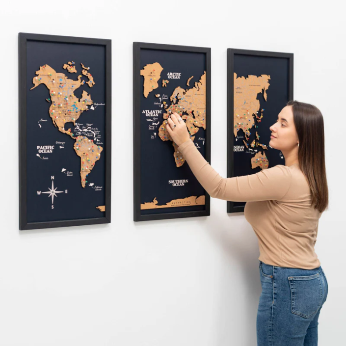 Cork wooden world map with pins