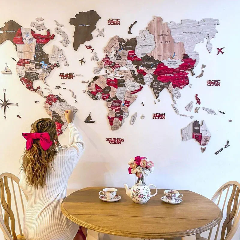 Custom wooden world map on wall