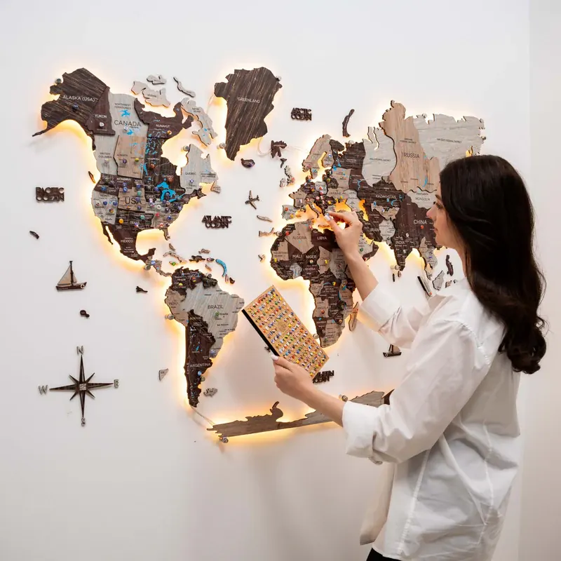 LED wooden world map