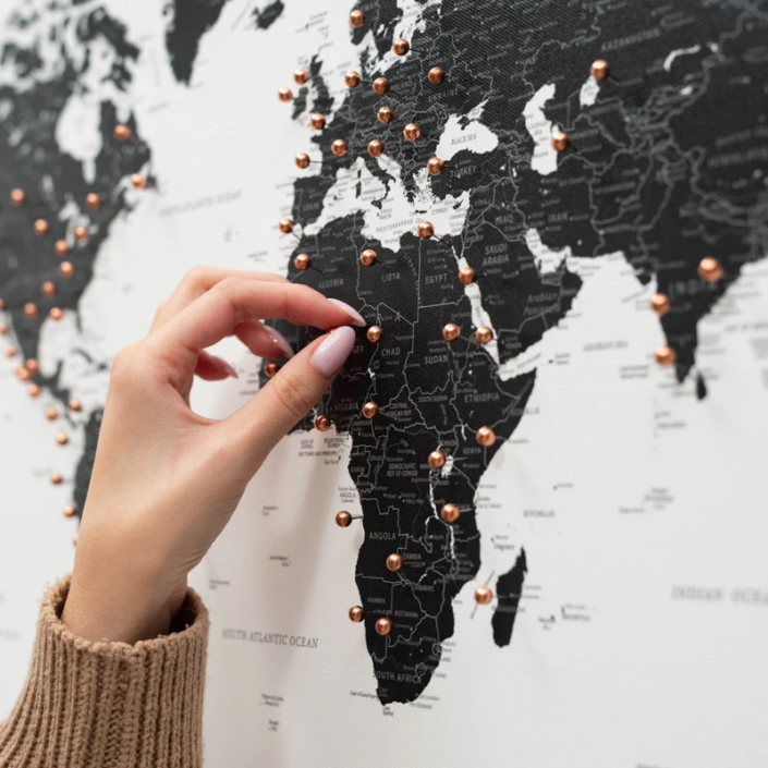 Push-pin wooden world map with travel pins on a wall