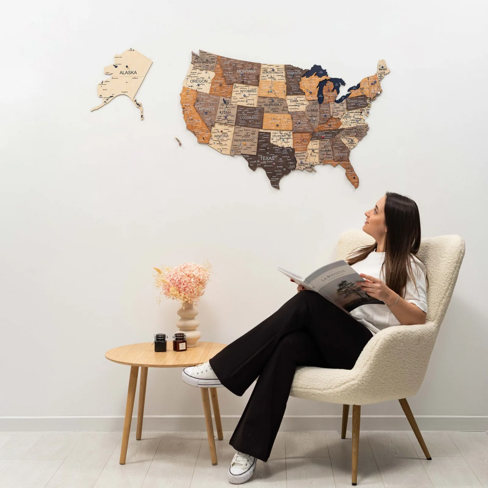 Multicolor wooden USA map in a bright modern living room