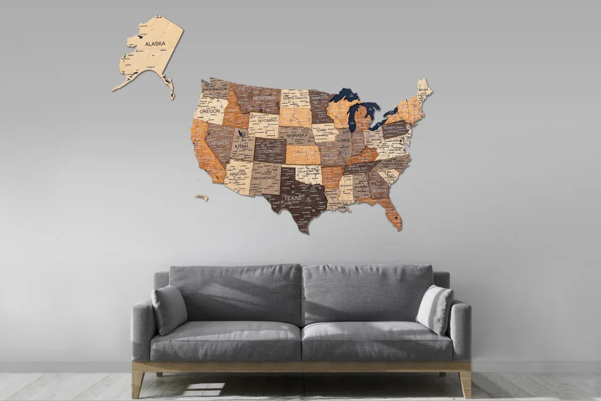 Large multicolor wooden USA map size comparison