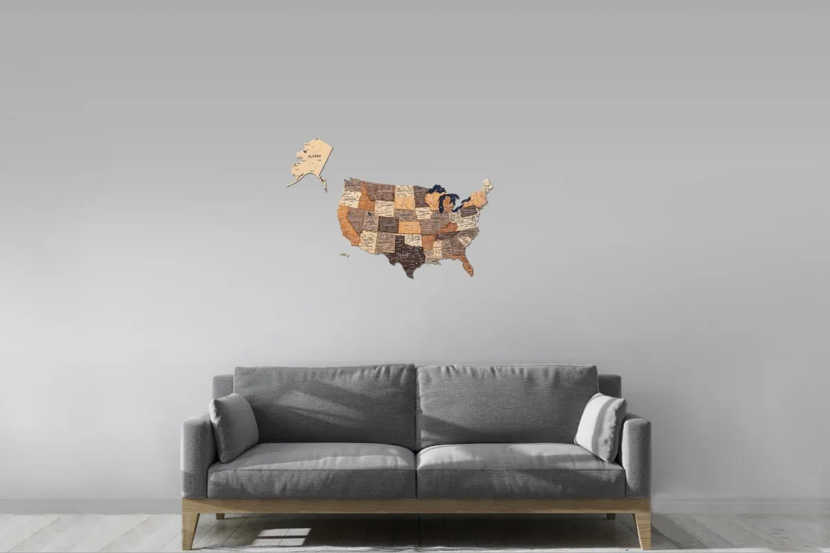Small multicolor wooden USA map size comparison