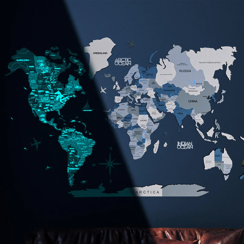 Modern backlit wood world map art