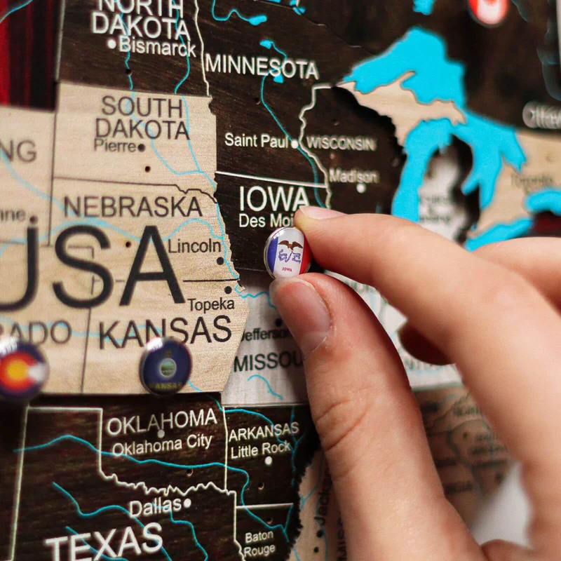 Premium wooden world map with pins