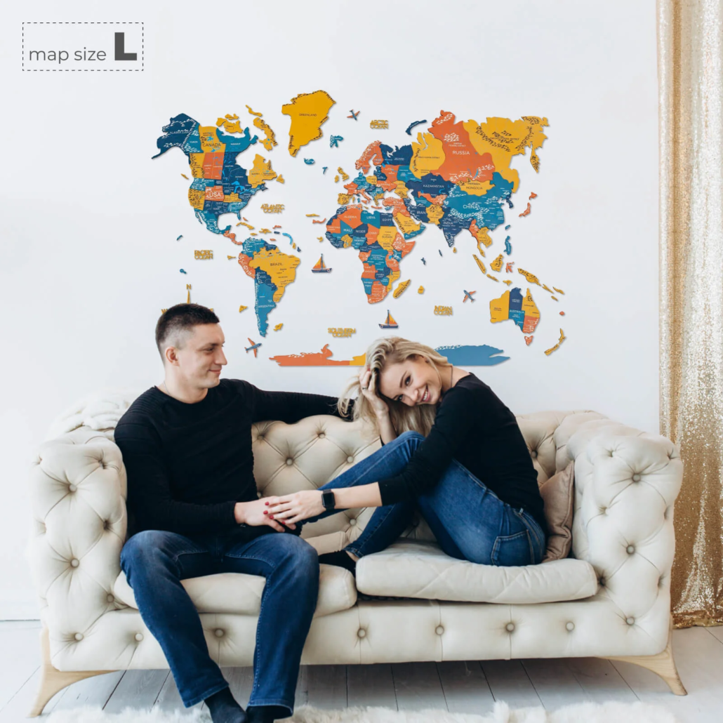 Rainbow wooden world map for home interior