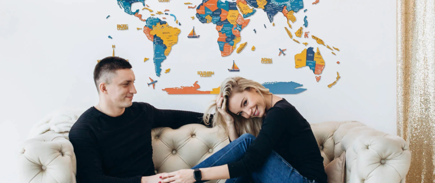 Rainbow wooden world map for home interior