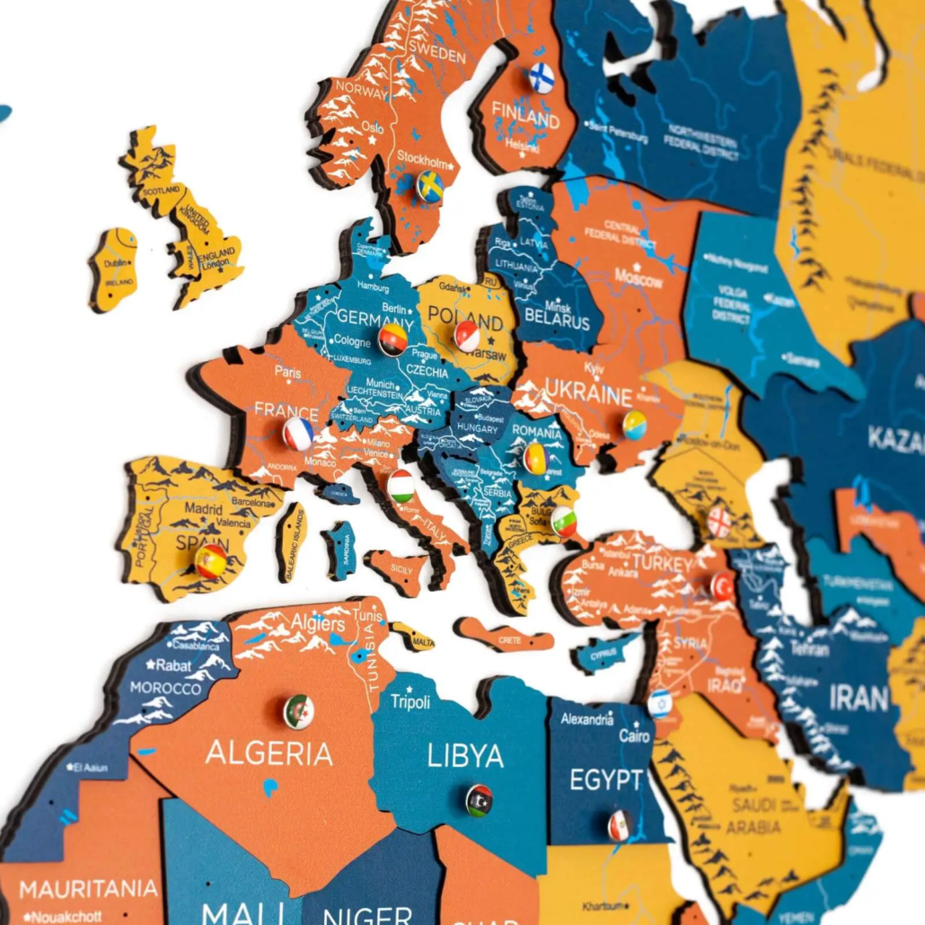 Modern colorful wooden map wall decor