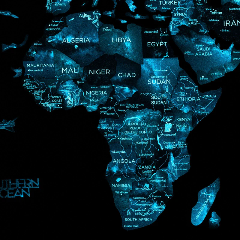 Glowing wooden world map for wall