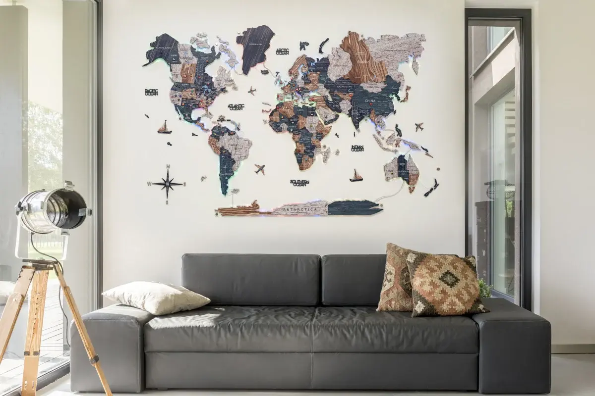 Big wooden world map wall art