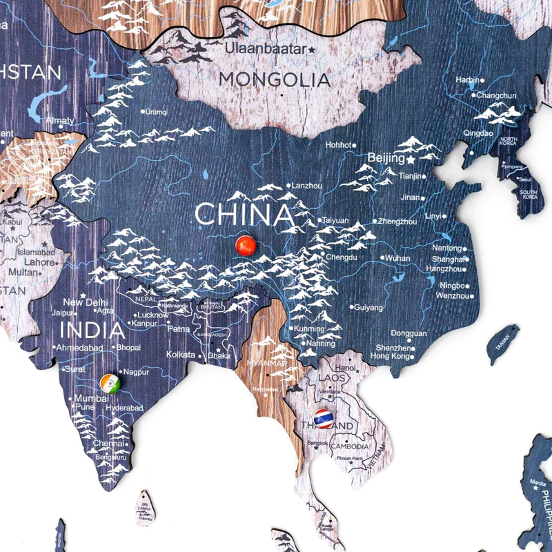 3D wooden world map with pins