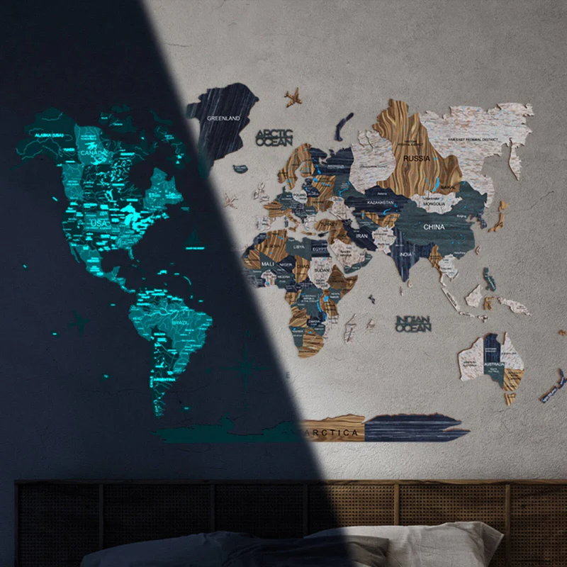 LED world map wooden decor