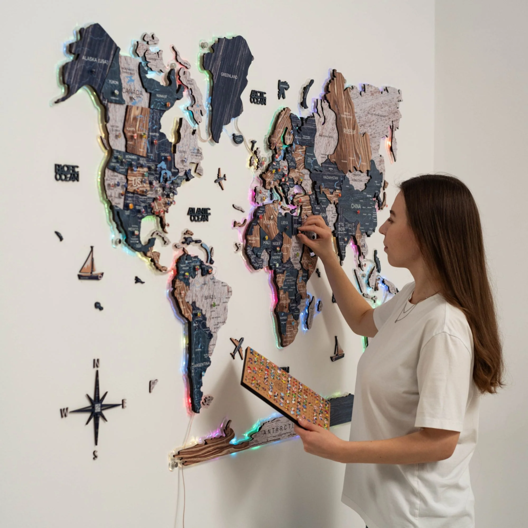 Large 3D wooden world map for office