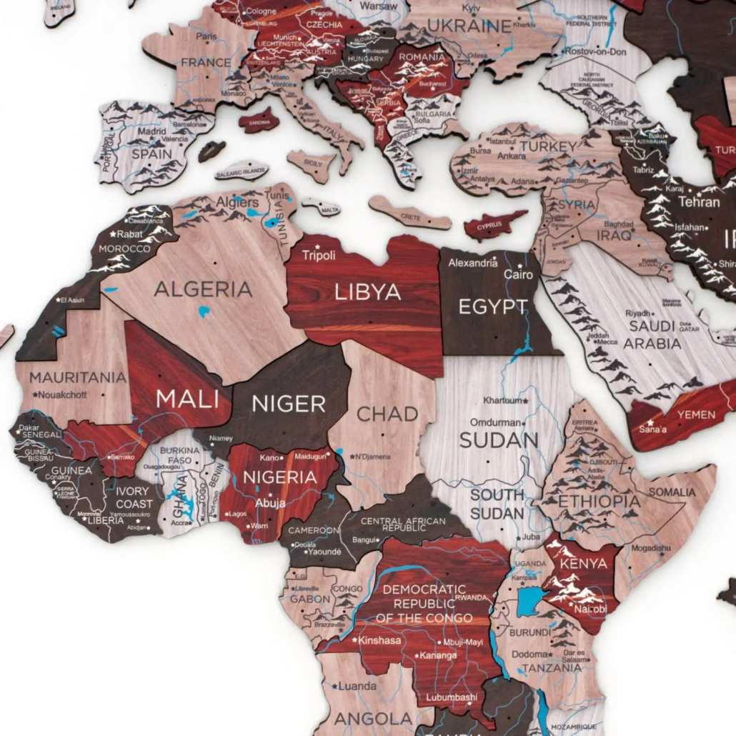 Colorful 3D wooden world map decor