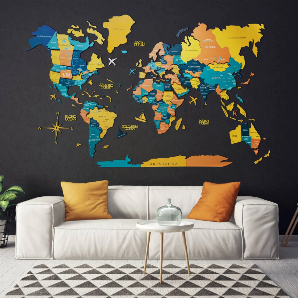 Customizable wood world map decor