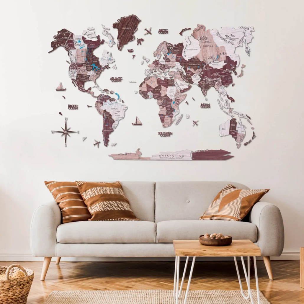 Handmade colored wood world map
