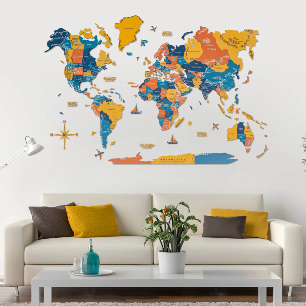 Custom wooden world map for home wall