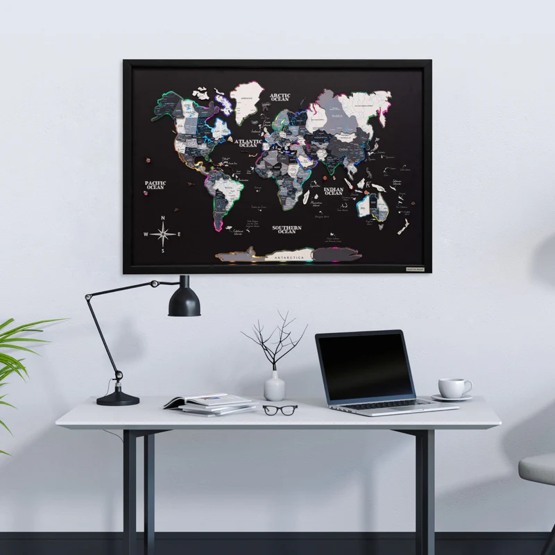 World map on wooden board