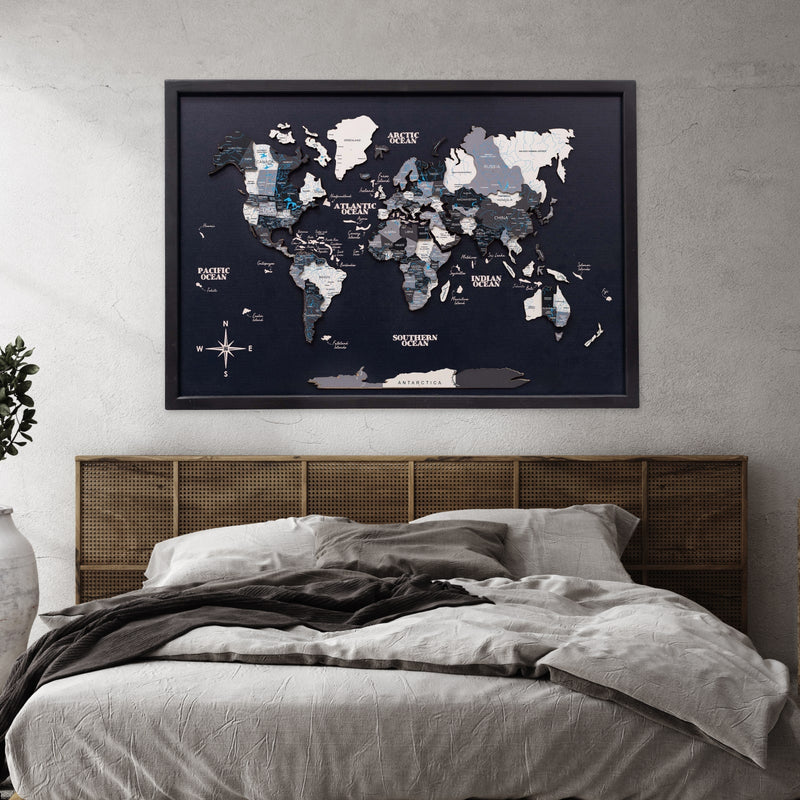 Framed wood board world map