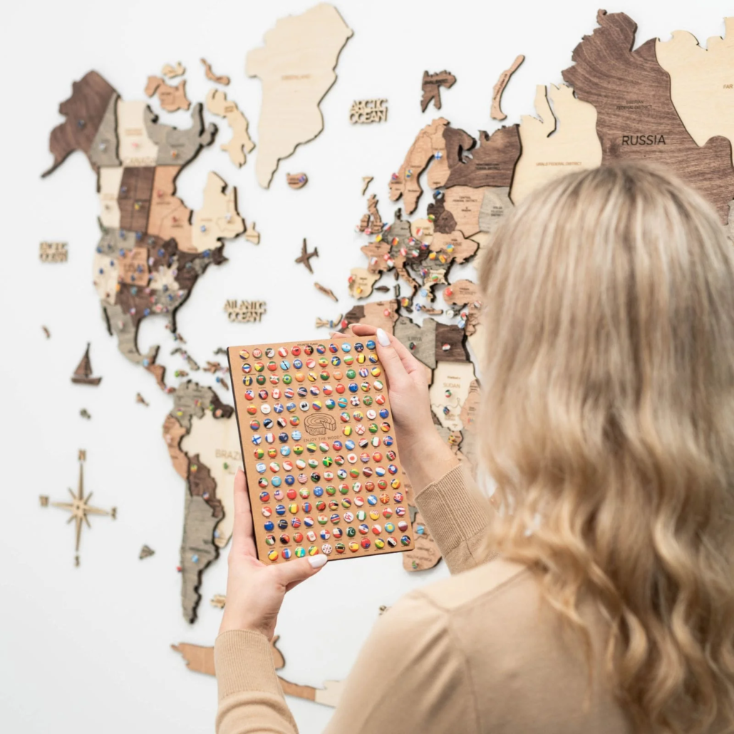Large wall mounted wooden world map