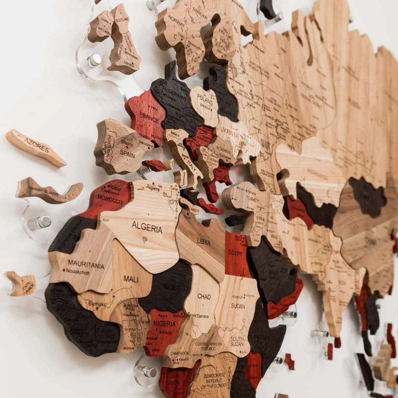 Handcrafted solid wooden world map