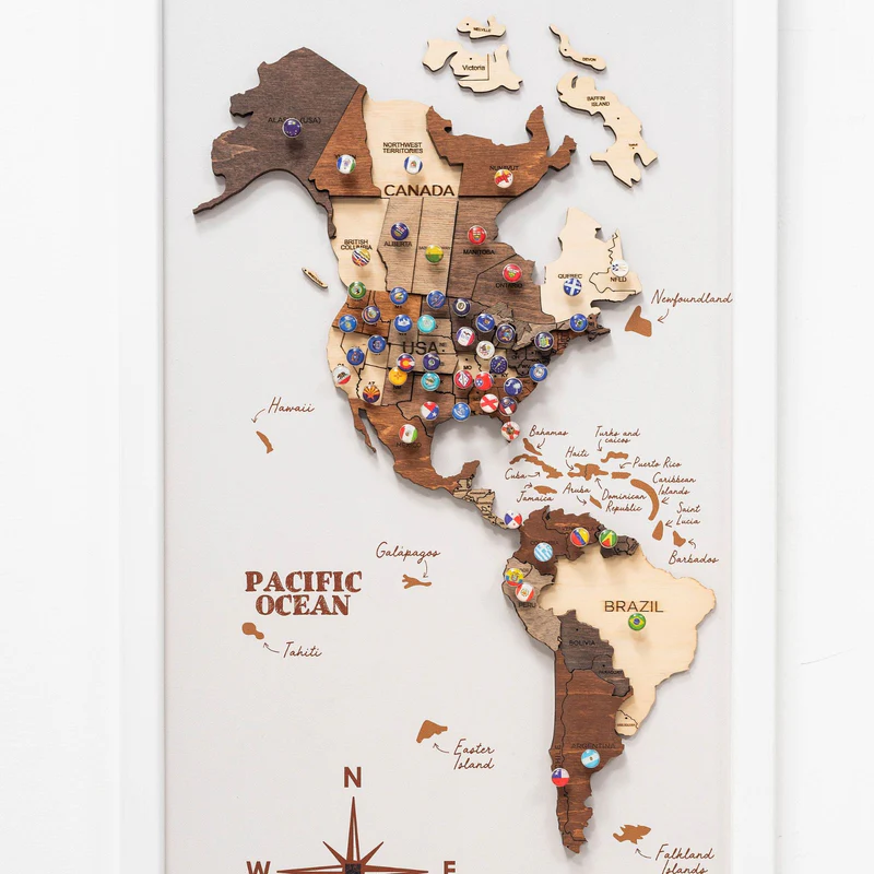 Wooden world map with frame