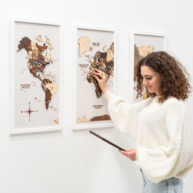 Handcrafted framed wood world map