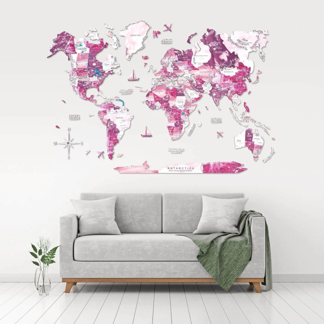 Painted wooden world map for wall