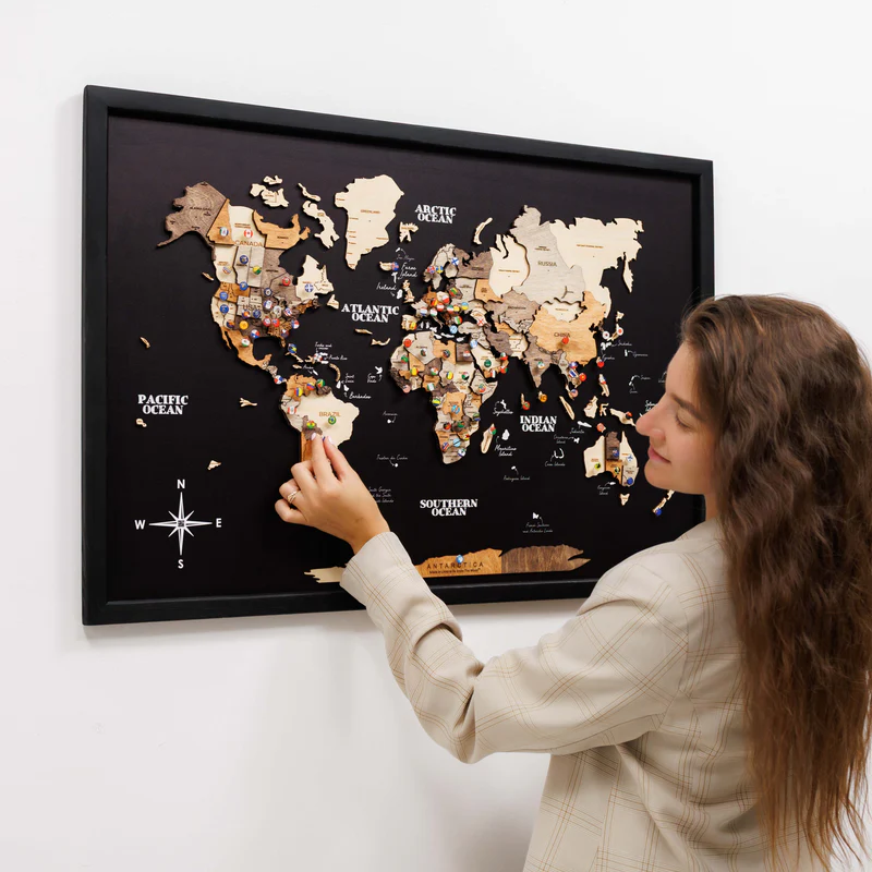 Wood world map in frame