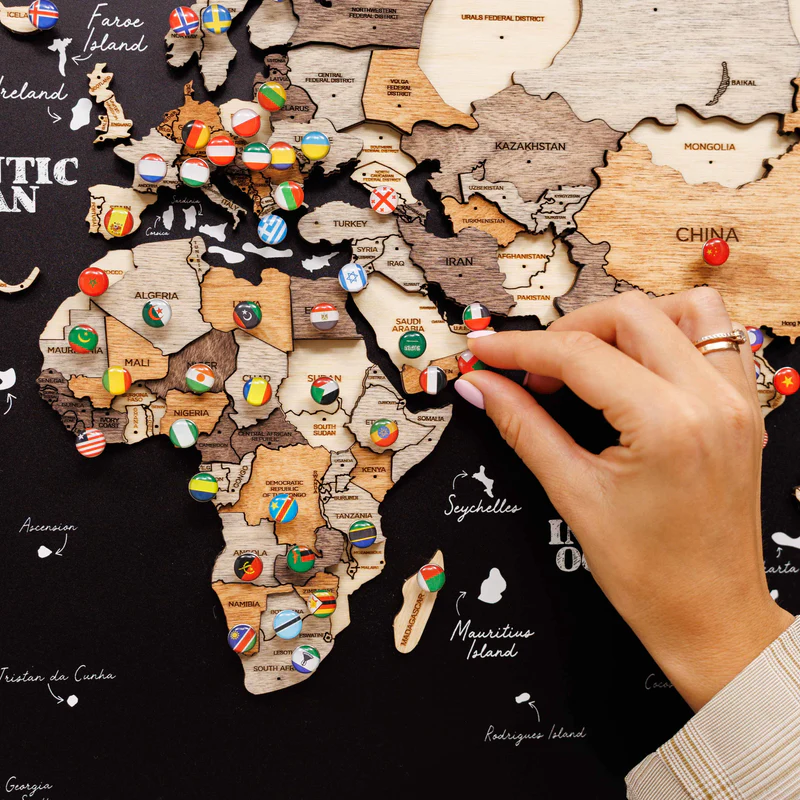 Framed wooden world map wall art