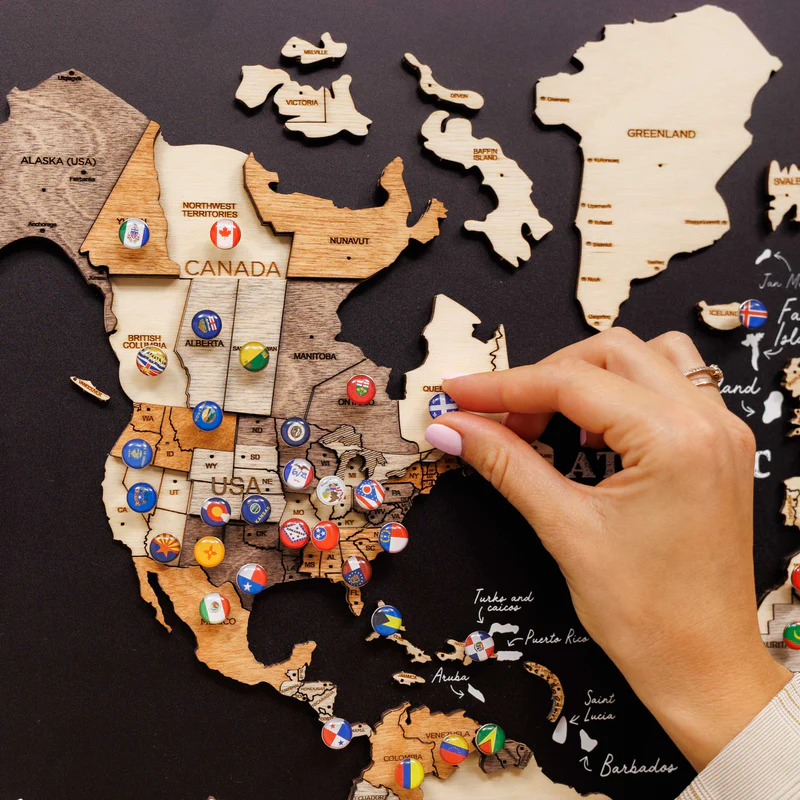 Wooden world map with push pins