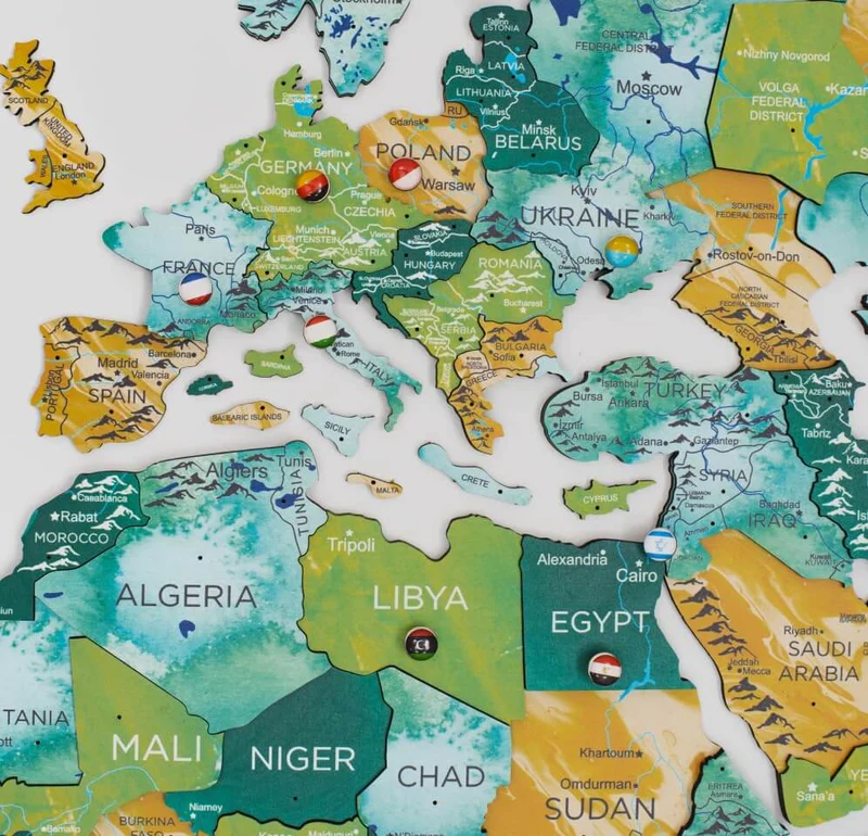 Push pins wooden world map