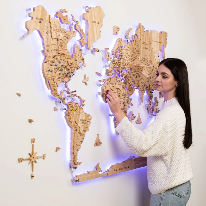 Solid wood world map wall art