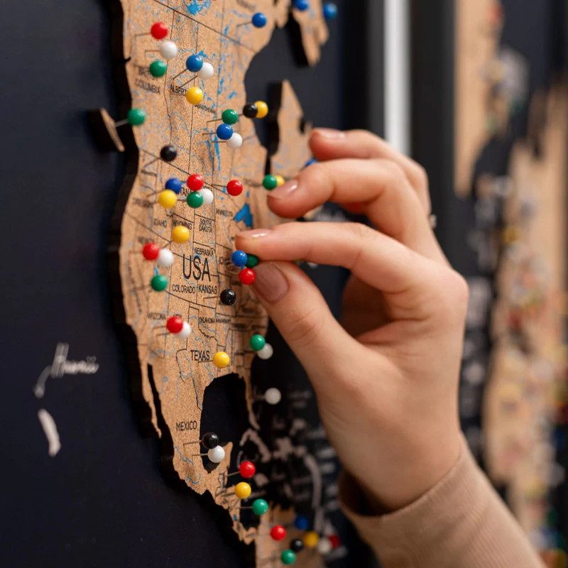 Wooden cork world map for home interior